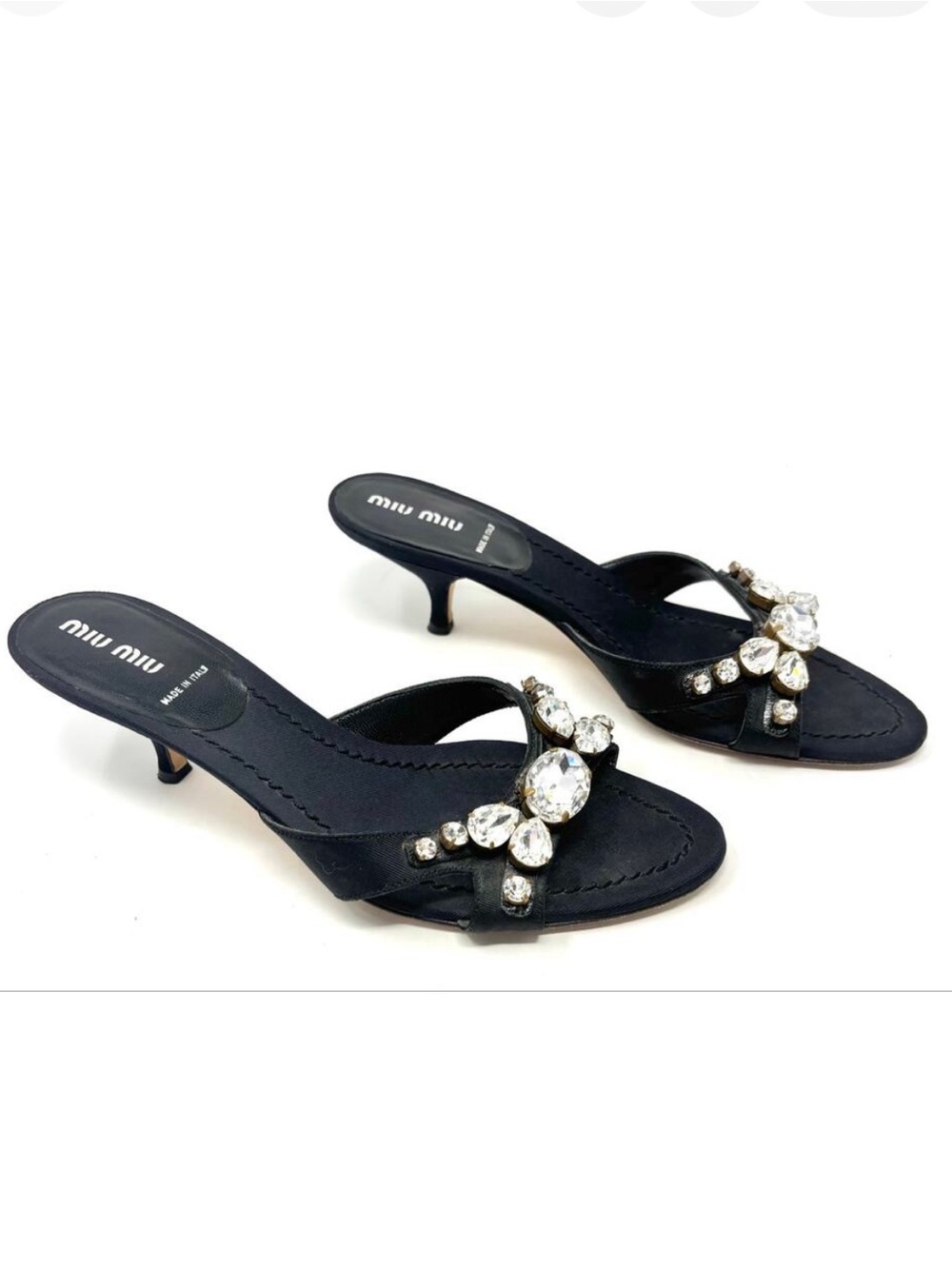 Miu Miu Crystal Black Satin Kitten Heels Mules Y2K Vintage 38.5